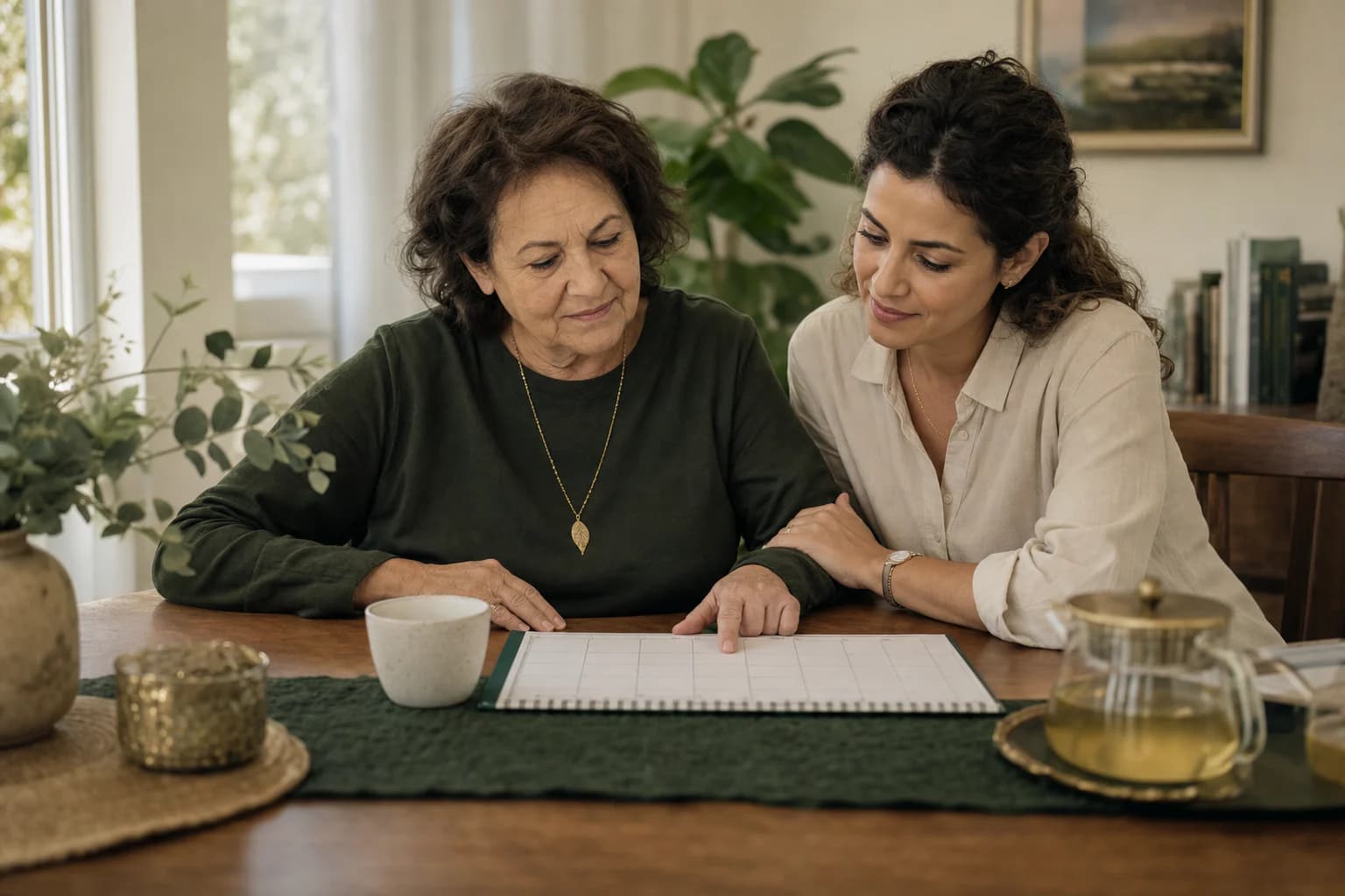 אם ובתה מארגנות יחד את סדר היום בעזרת לוח שנה ביתי