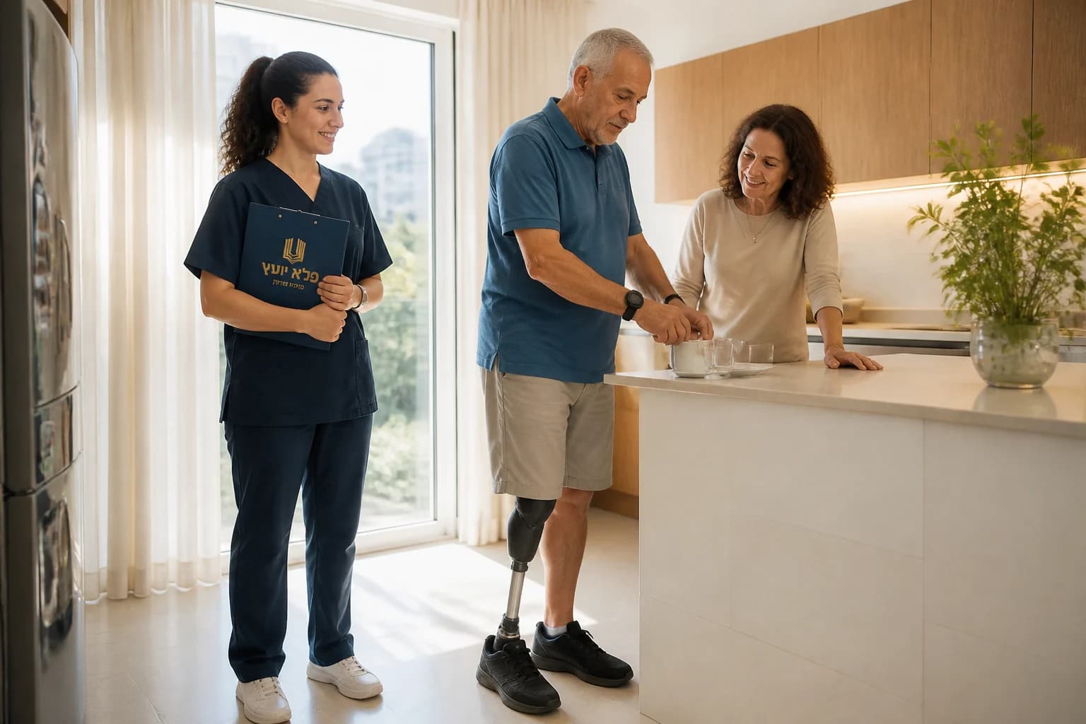 אדם עם תותבת מתרגל תפקוד בבית עם אשת מקצוע