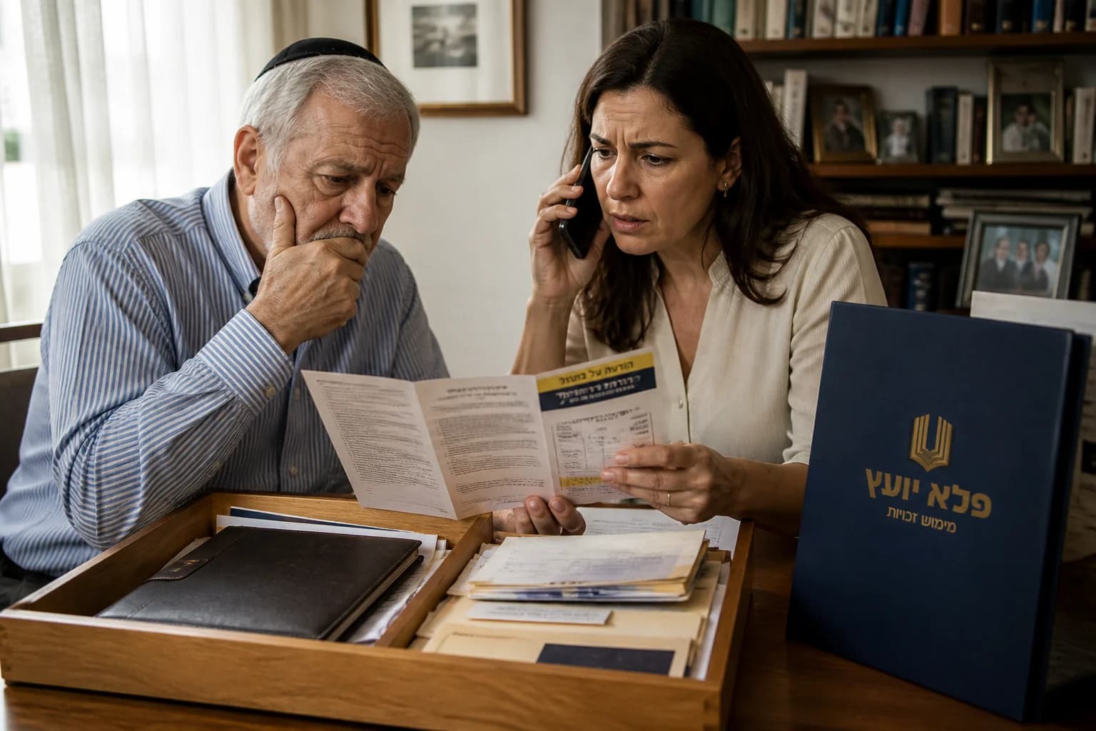 אב ובתו בודקים הודעת ביטול לצד פוליסת הסיעוד