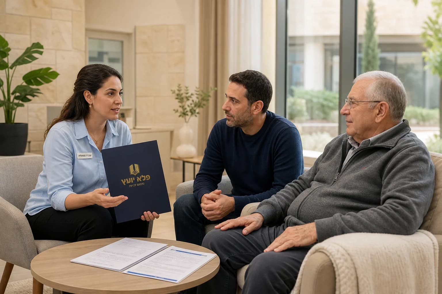 משפחה משוחחת עם עובדת סוציאלית על סיווג ומסגרת טיפול