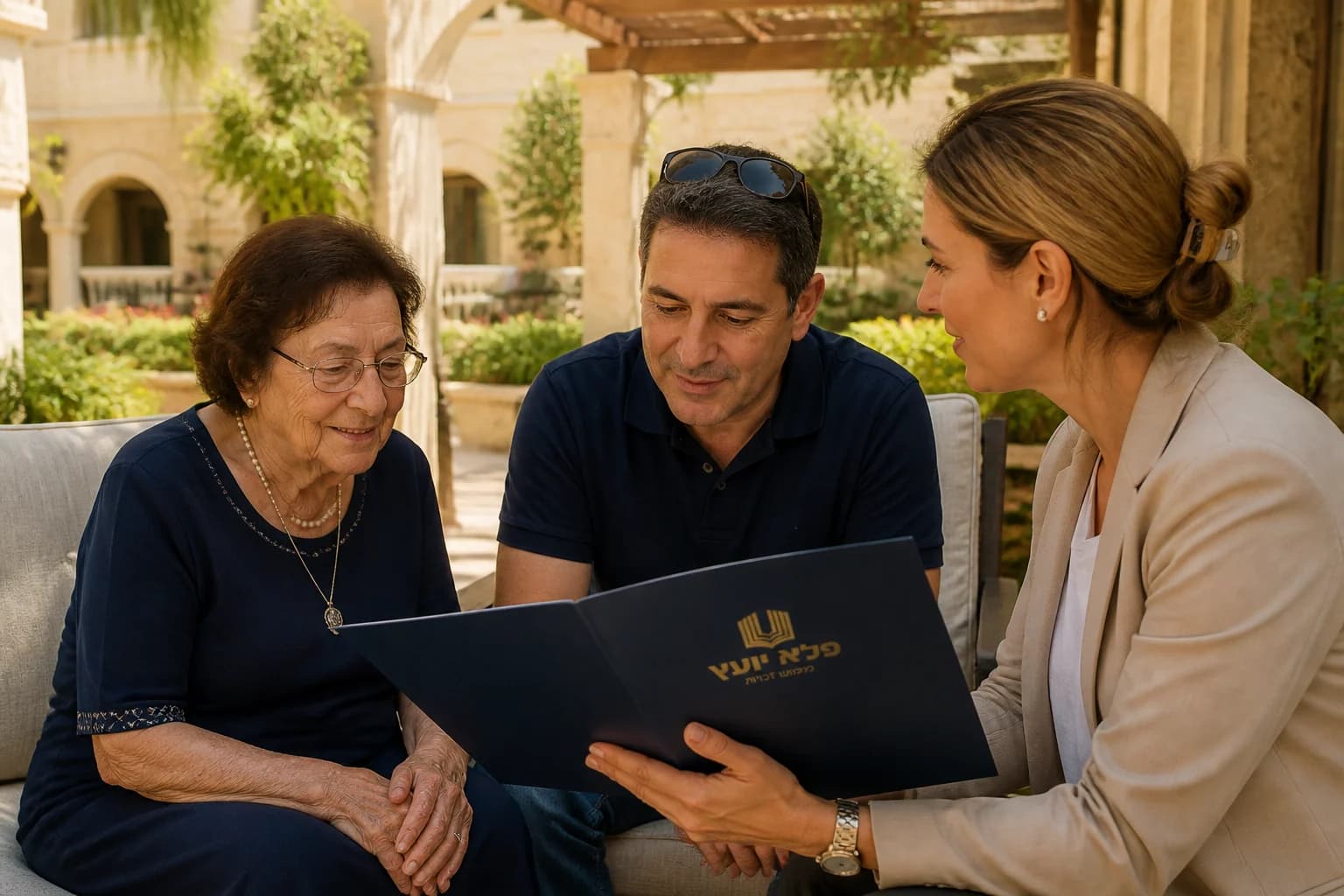 משפחה משוחחת עם אשת מקצוע במוסד סיעודי ישראלי