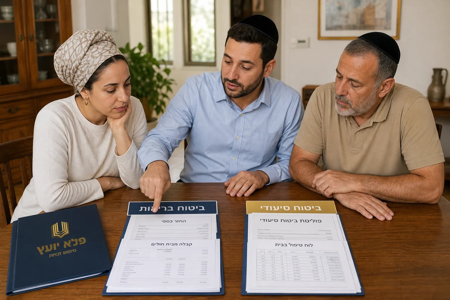 משפחה משווה בין מסמכי ביטוח בריאות לביטוח סיעודי