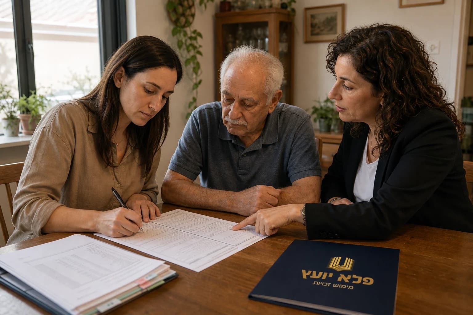 בת ממלאת טופס תביעת סיעוד בסיוע אביה ויועצת