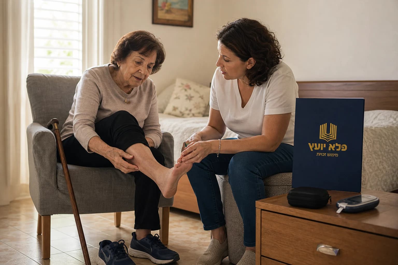 בת מסייעת לאמה בבדיקה שגרתית הקשורה לסיבוכי סוכרת