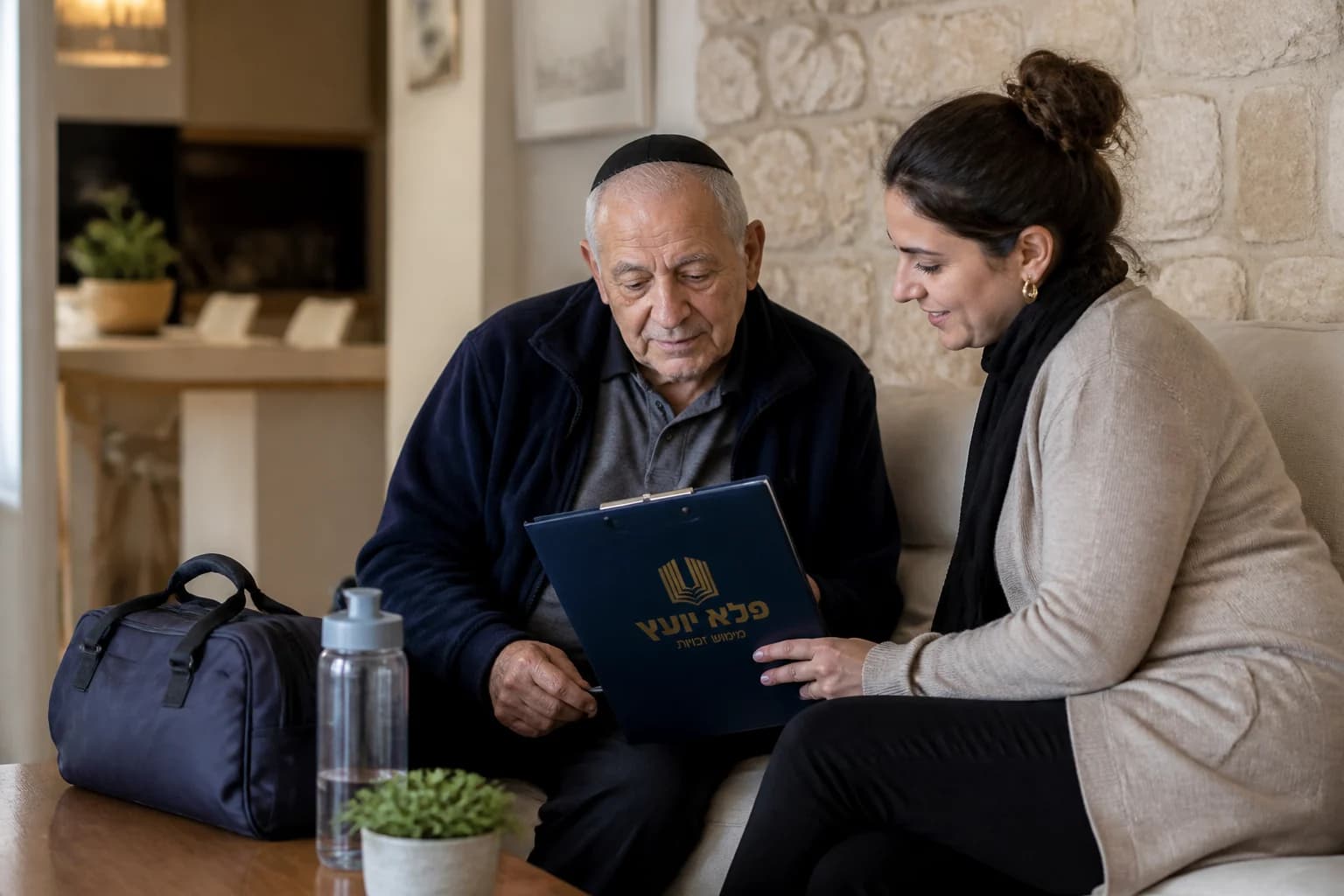 אב ובתו מתארגנים בבית לאחר טיפול דיאליזה