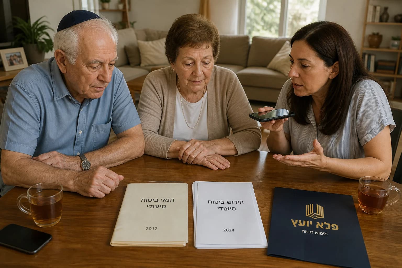 משפחה משווה בין מסמכי ביטוח סיעודי ישנים ועדכניים