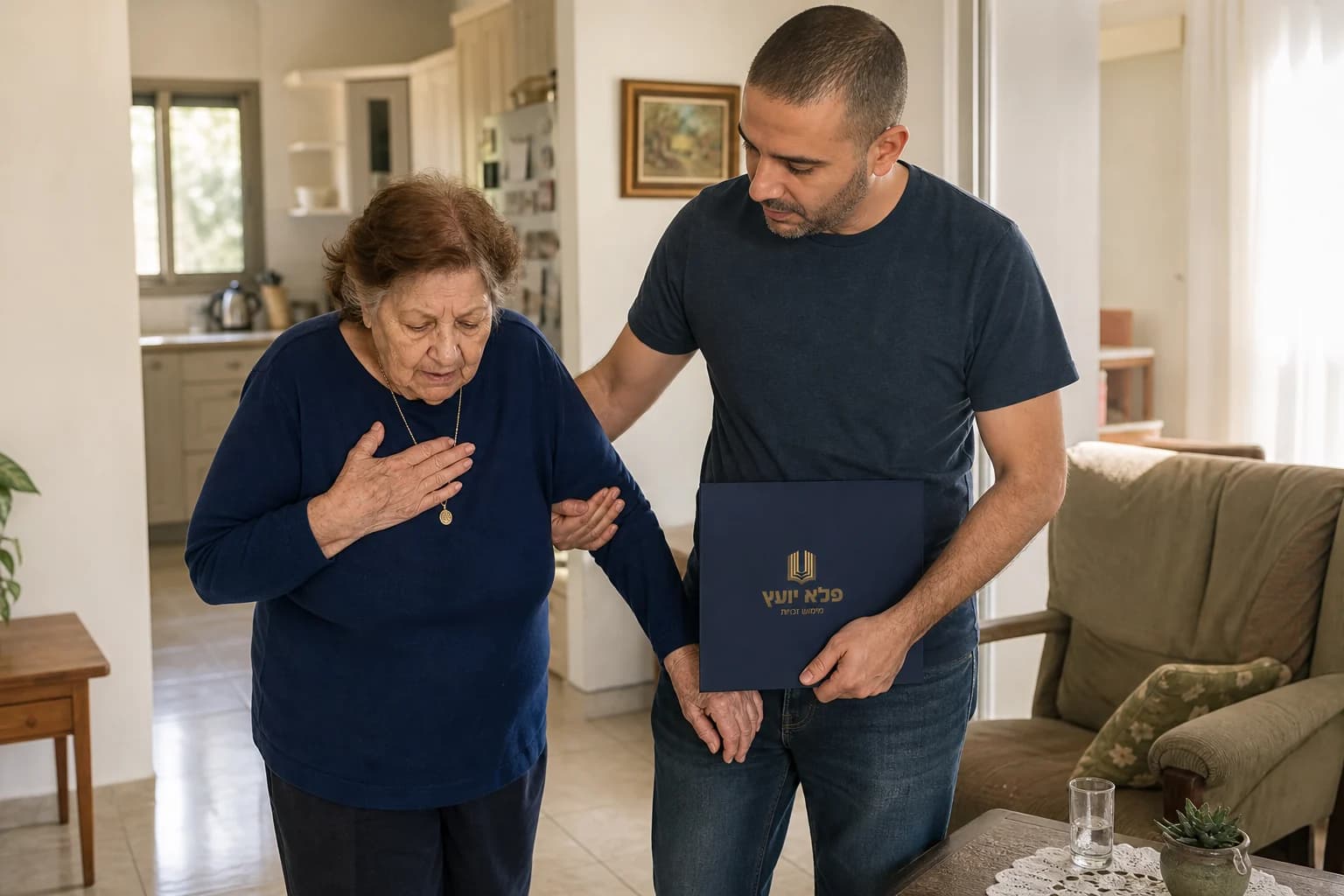 אישה מבוגרת נעזרת בבנה בשל מגבלת מאמץ בבית