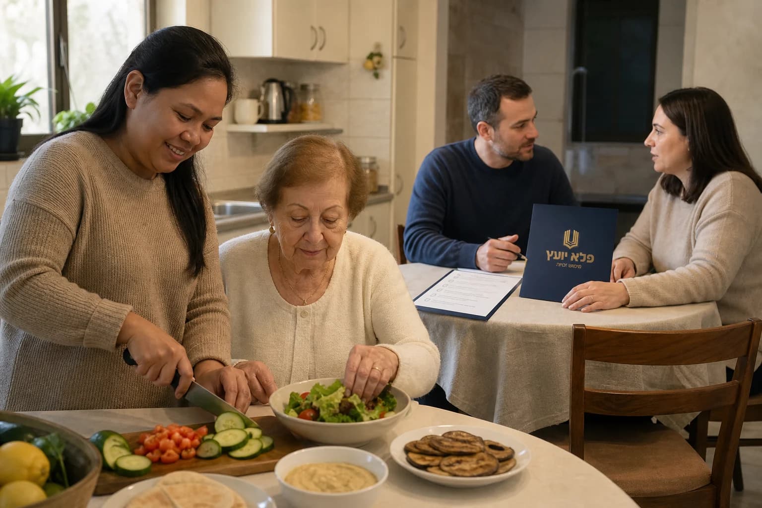 מטפלת ואישה מבוגרת מכינות ארוחה לצד תיאום משפחתי