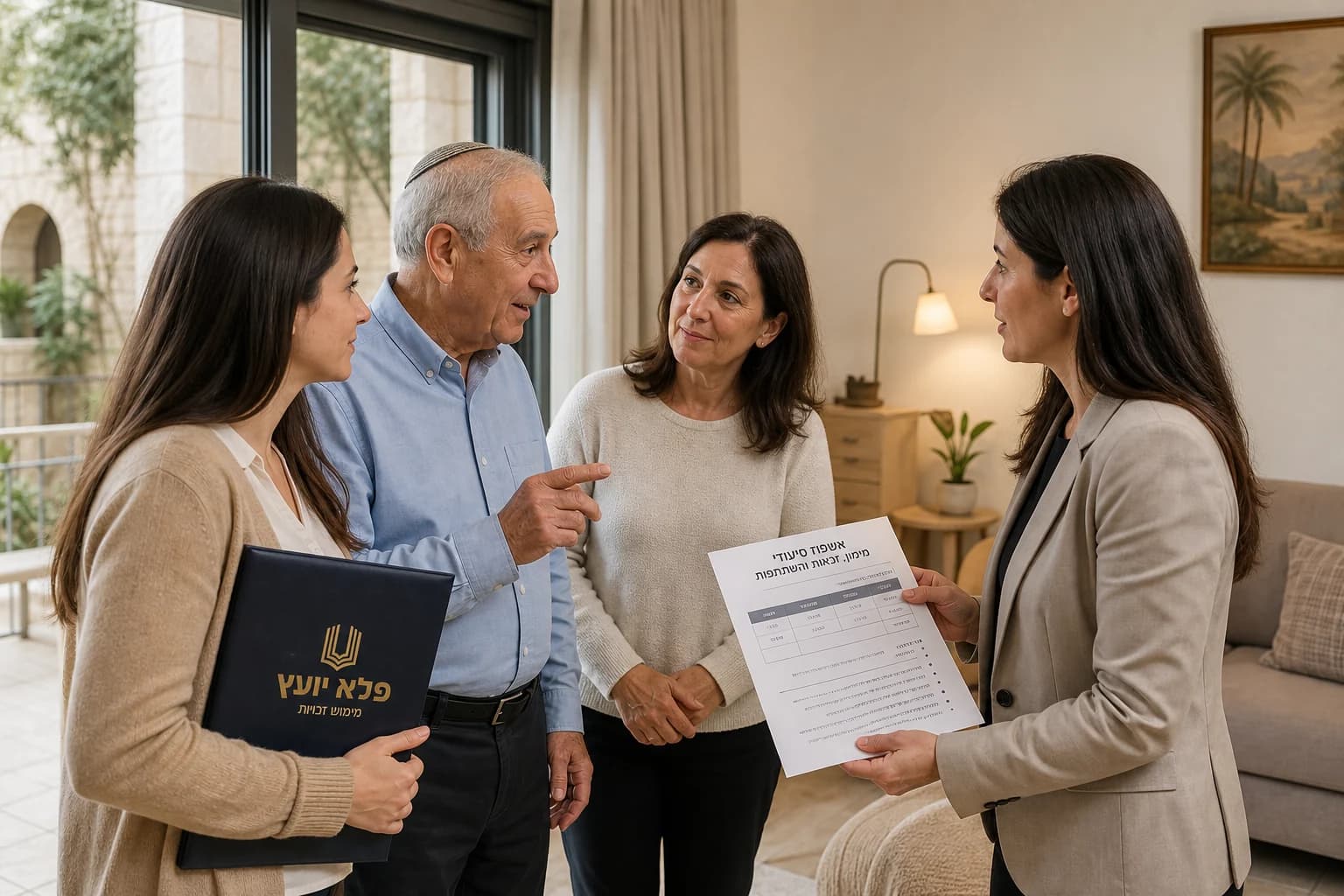 משפחה מסיירת במסגרת סיעודית ומשוחחת על זכאות ומימון