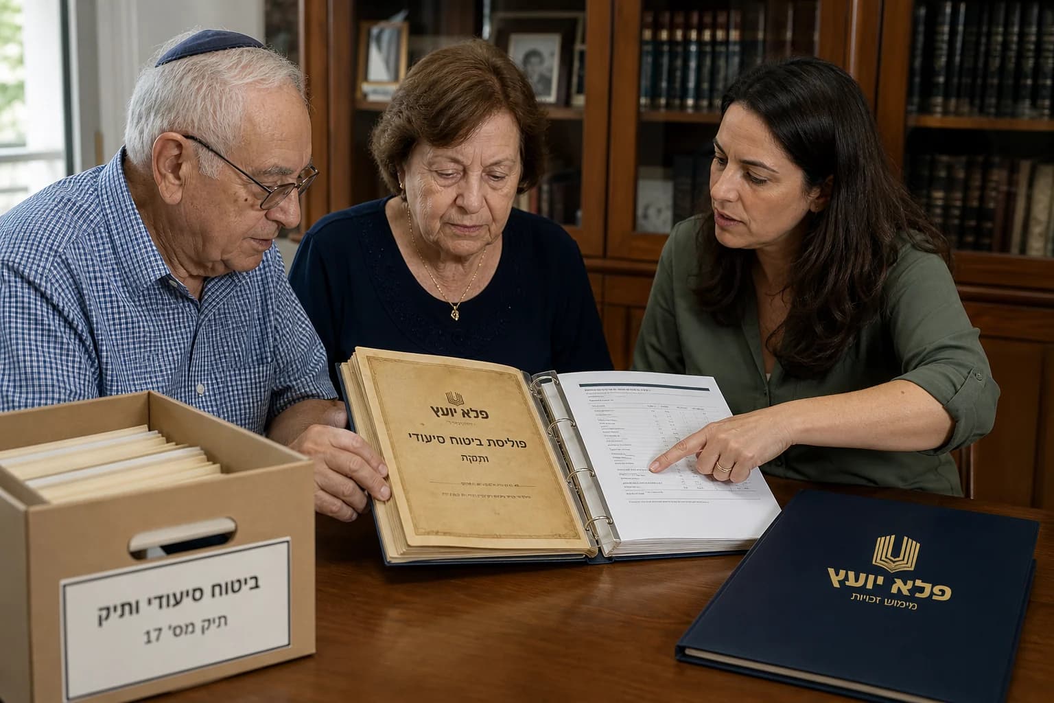 משפחה בוחנת פוליסת סיעוד ותיקה שנשמרה בארכיון