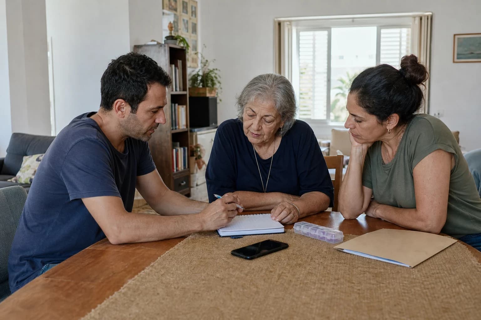 משפחה ישראלית בונה תוכנית פעולה ראשונית לטיפול בהורה