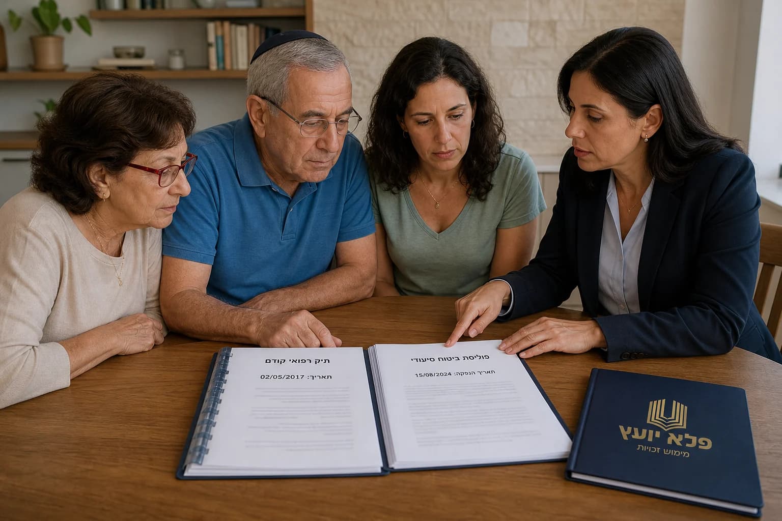 משפחה ויועצת משוות בין תיק רפואי ישן לפוליסת סיעוד