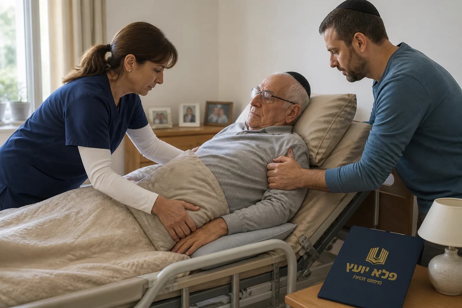 משפחה ומטפלת מסייעות בשינוי תנוחה בטוח בבית
