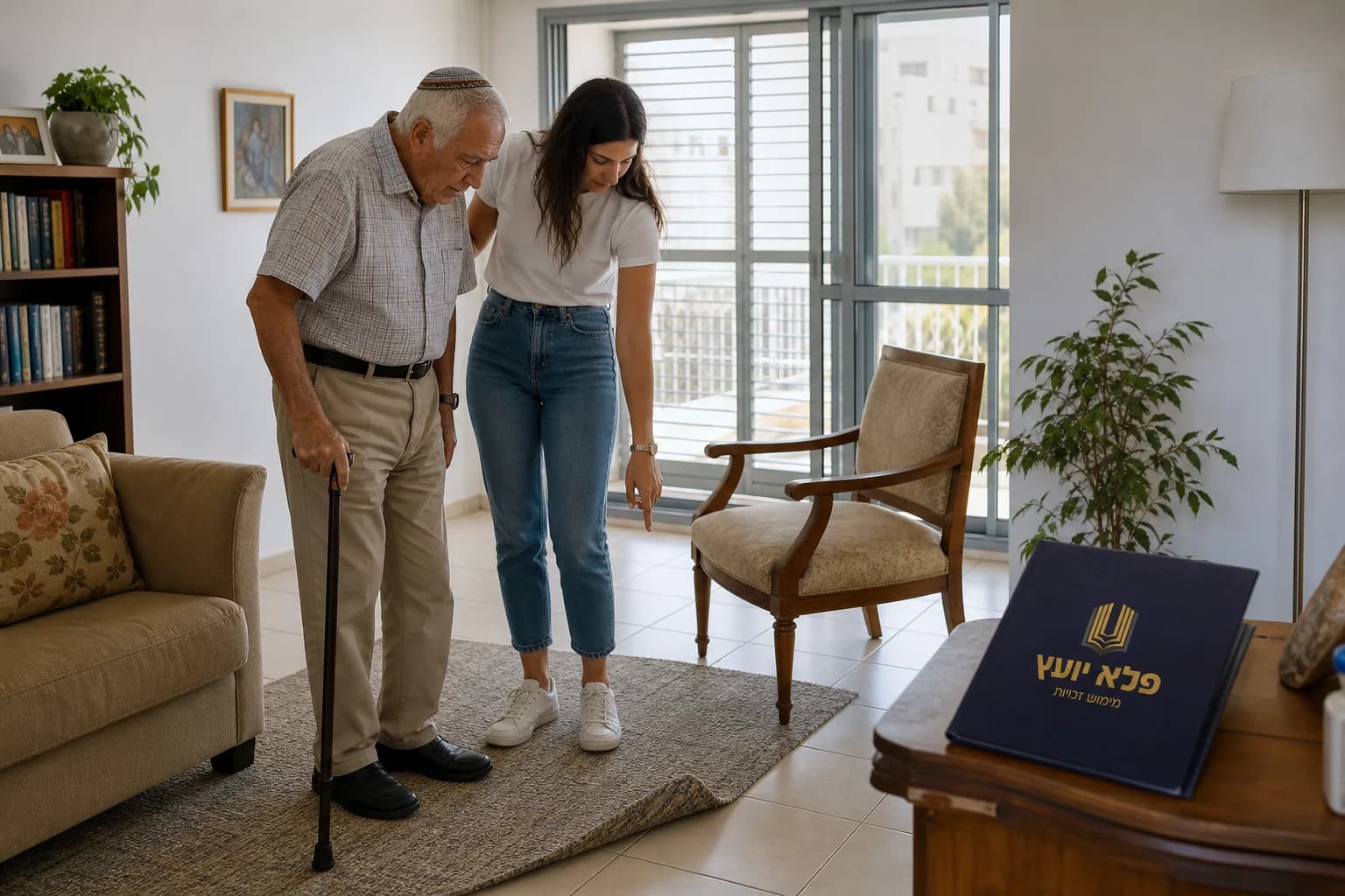 בן משפחה מסייע לאדם מבוגר לנוע בבטחה בבית