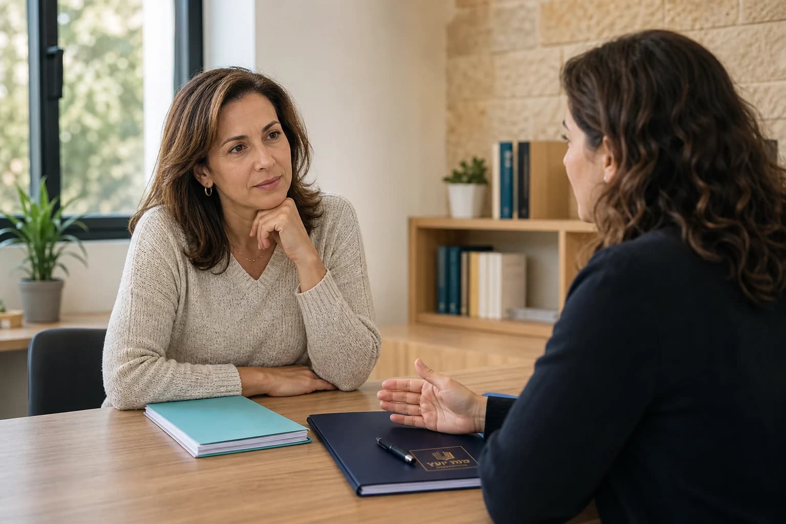 אישה מתייעצת עם אשת מקצוע על מסלול הטיפול בתביעה