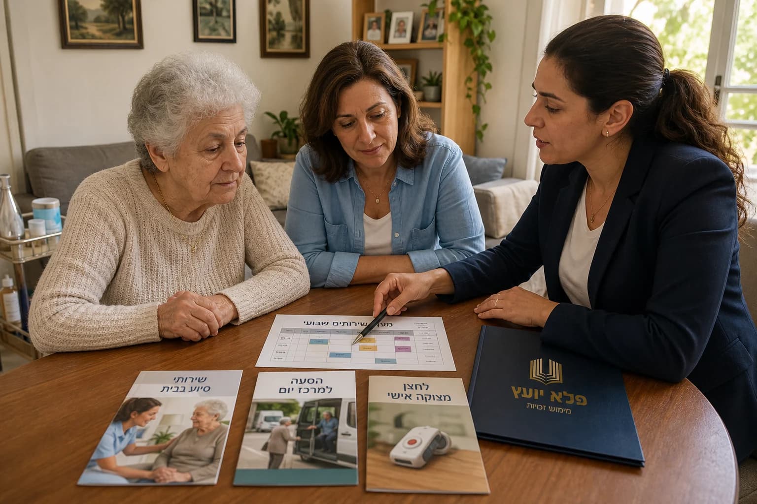 משפחה בוחרת עם רכזת את הרכב שירותי גמלת הסיעוד