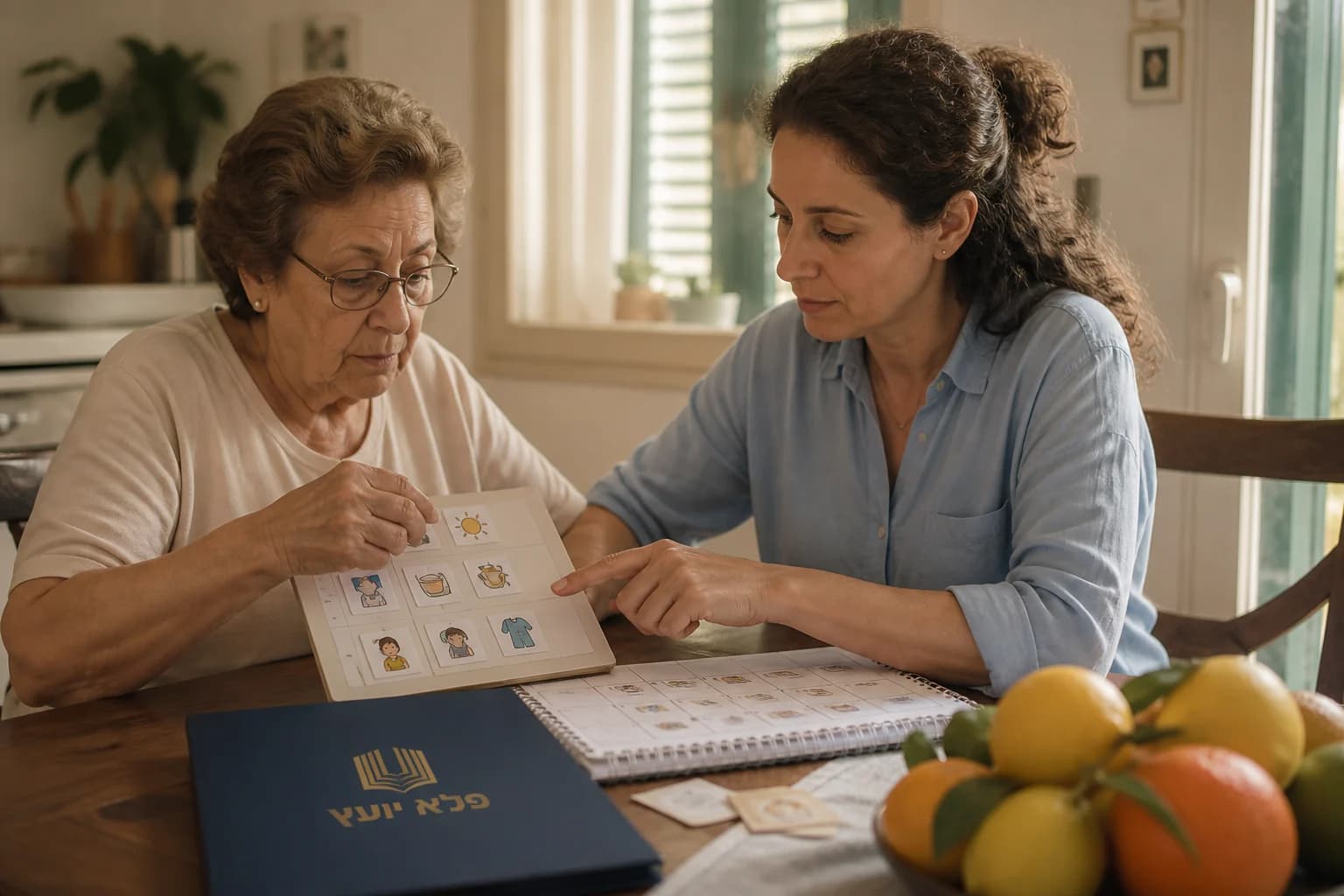 בת ואמה נעזרות בלוח שגרה ביתי להתמודדות עם דמנציה