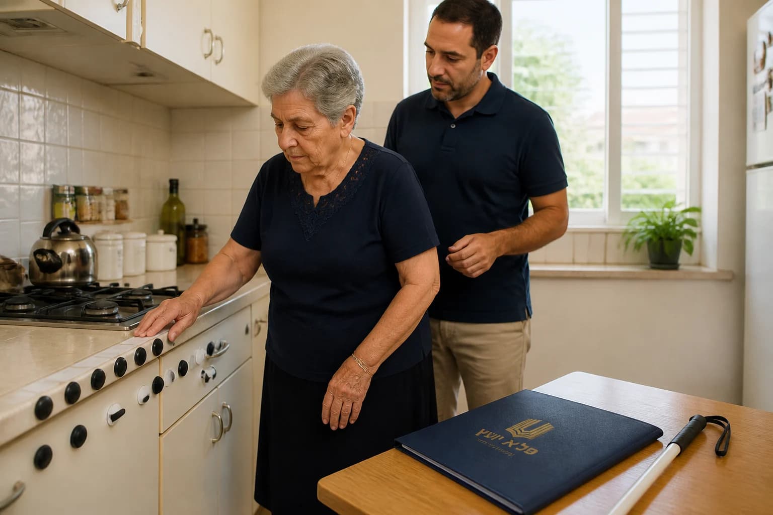 אישה עם ליקוי ראייה מתנהלת במטבח לצד בן משפחה